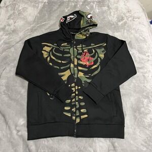 Rebel Vengeance Hoodie Mens Extra Large Black Camo Zip‎ Shark Skeleton Graphic